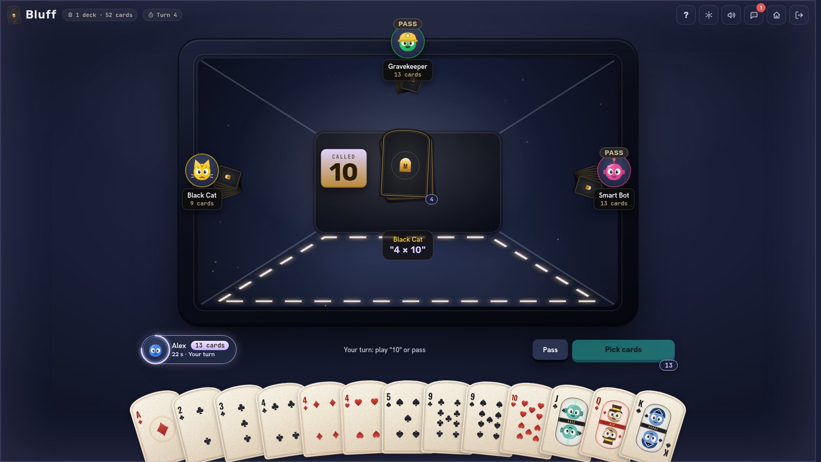 The Bluff card game on Mezarpoly: green felt table, face-down pile in the middle, opponents and the player's hand
