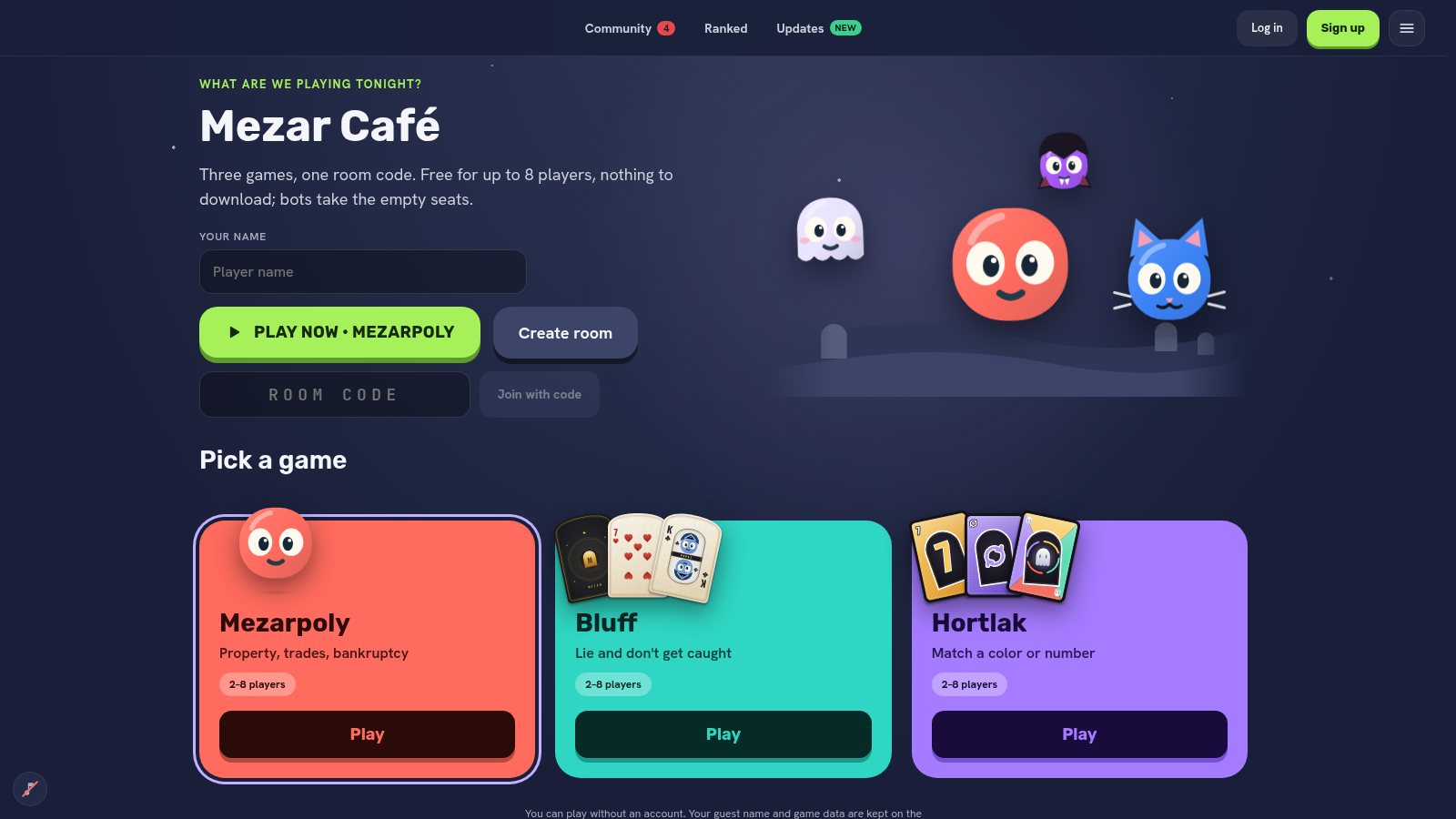Mezarpoly home page: choose between Mezarpoly, Bluff and Hortlak