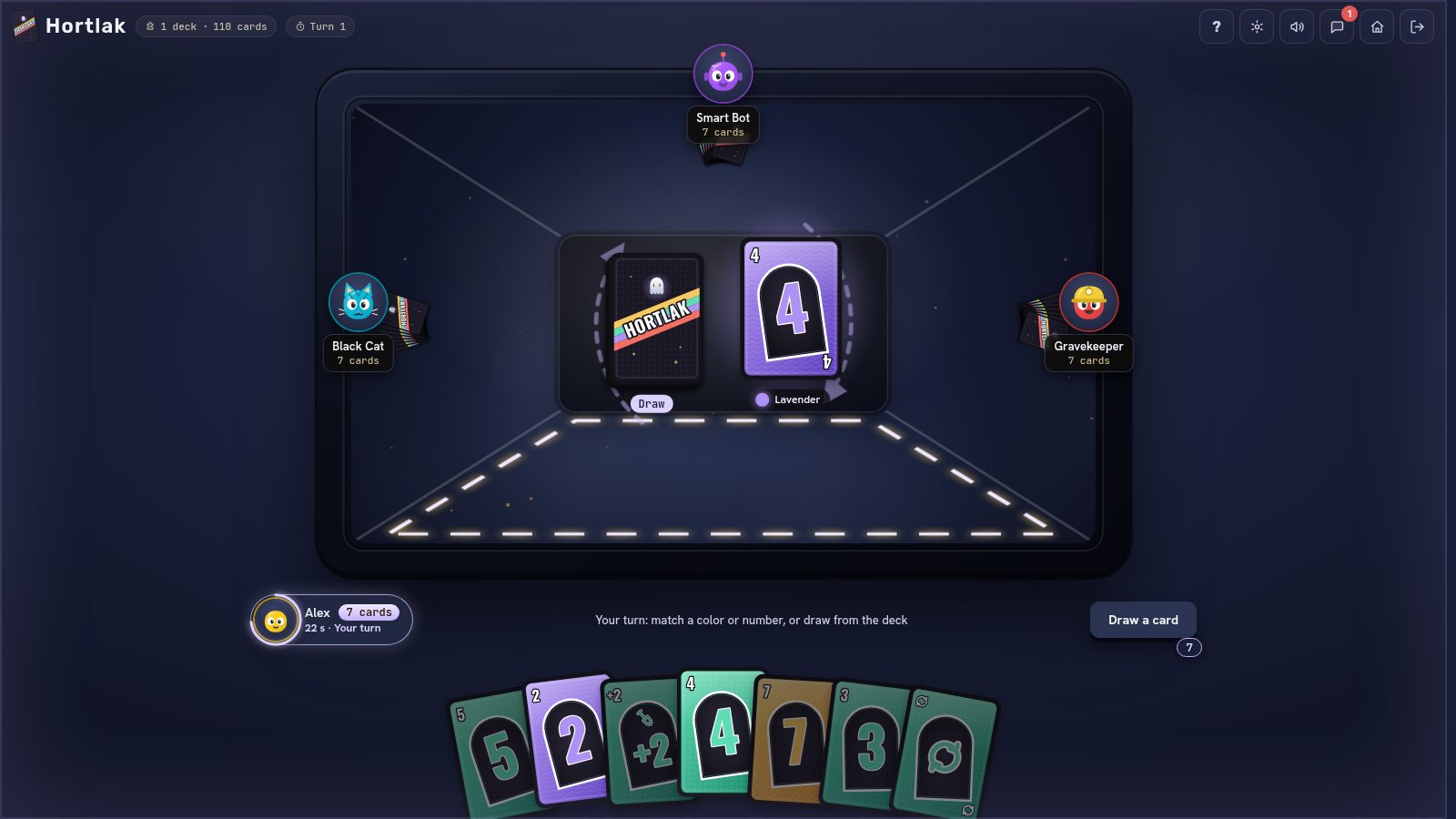 The Hortlak card game: the top card, the draw pile and the player's hand
